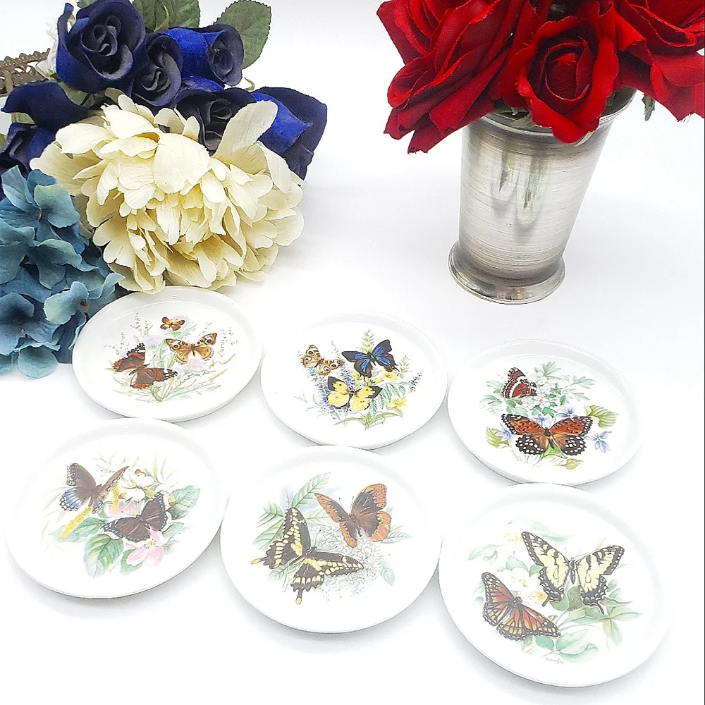Vintage Homles Gray Ceramic Butterfly Coasters Signed Set of 6